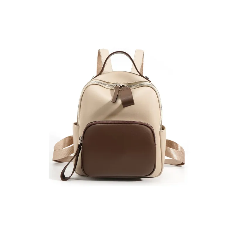 NIUMJ Cow Leather Small Backpack Regular Women's Coffee & White, Apricot & Coffee, Black, Beige Coffee-5