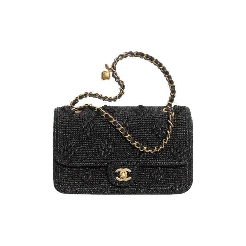 CHANEL Raffia & Gold Metal Effect Woven Shoulder Bag, Crossbody Bag Women's Black-0