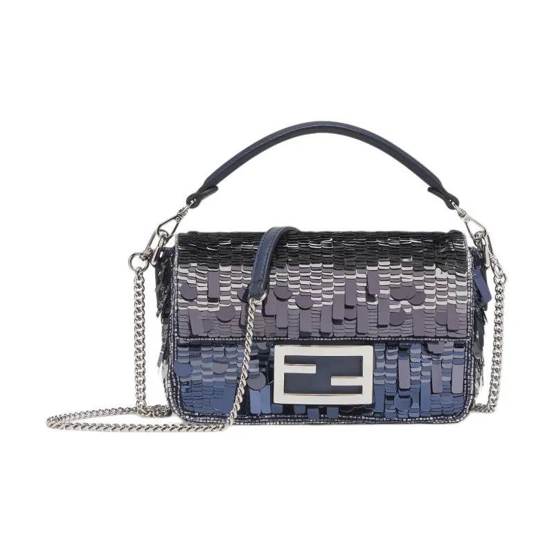 FENDI Baguette Leather Shoulder Bag Crossbody Bag Handbag Mini Women's Blue-0
