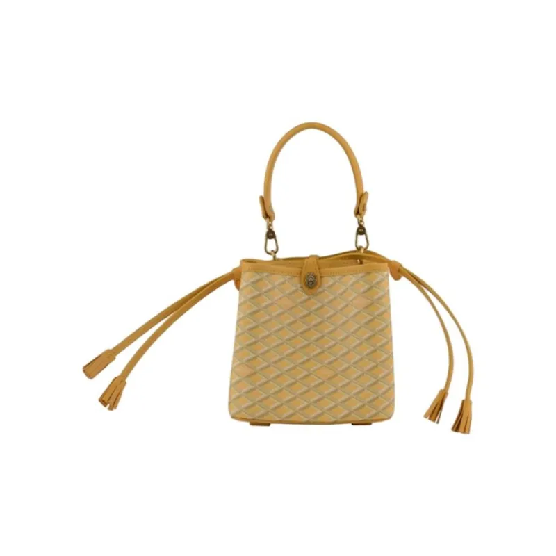 POURCHET Canvas With Leather Bucket Bag, Shoulder Bag, Crossbody Bag, Handbag Small Size Women's Multicolor-8