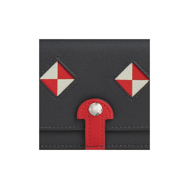 HERMES Swift Leather Pongee Mysore Goat Skin Card Holder Wallet Women's Navy Blue With Red Pepper And White Mushroom-3