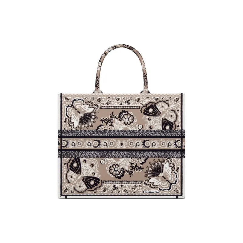 DIOR Embroidery Tote Bag, Shopping Bag, Shoulder Bag, Handbag Large Size Women's Beige Multicolor Butterfly-2