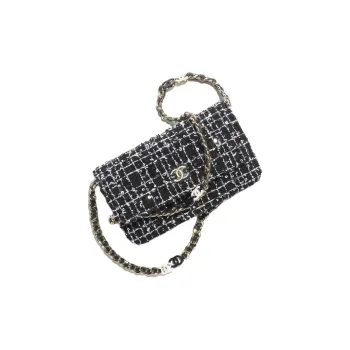 CHANEL Cotton Velvet Sequins Gold Metal Crossbody Bag, Shoulder Bag Women's Black & White