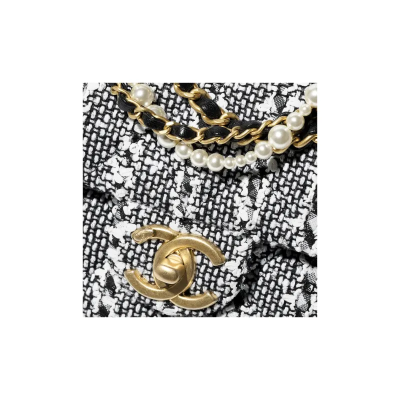 CHANEL Twill Soft Woolen Artificial Pearl Flap Bag, Shoulder Bag, Crossbody Bag Mini Women's White & Black & Silver-3