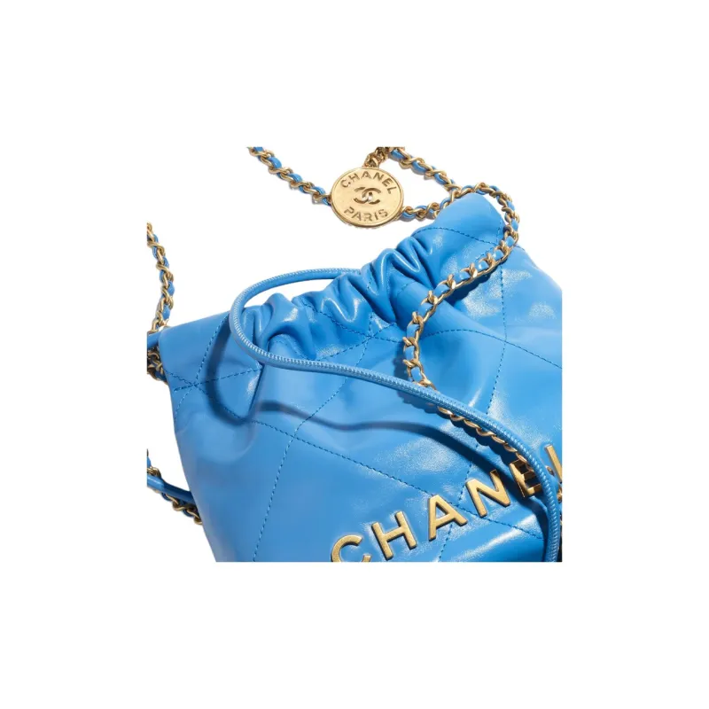 CHANEL 22Bag Shiny Calfskin Bucket Bag, Shoulder Bag, Crossbody Bag Mini Women's Blue-3