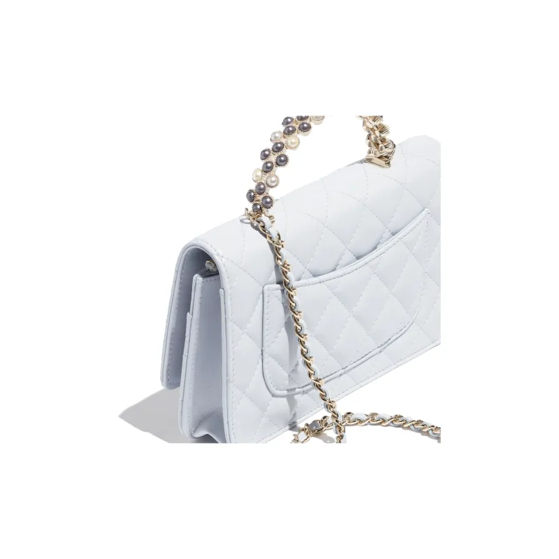 CHANEL Bright Crinkle Lambskin Artificial Pearl Metal Shoulder Bag, Crossbody Bag, Handbag Women's Light Gray-3
