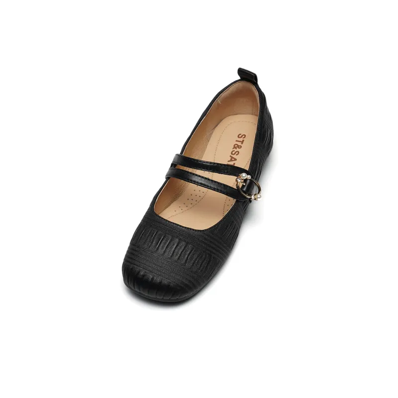 ST&SAT Low Vamp Unlined Shoes Grandma Shoes Flat Sole Women's Black White-3