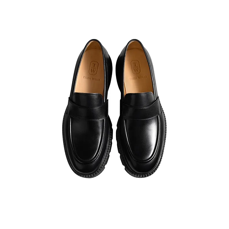 THOM WILLS Calfskin Slip on Loafers Casual Shoes 4cm Men's Black-2