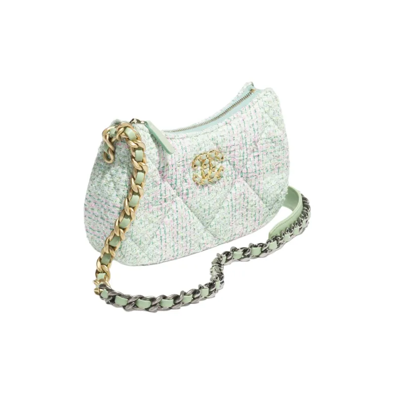 CHANEL 19Bag Tweed Shoulder Bag, Crossbody Bag Women's Green & Pink & Turquoise-1