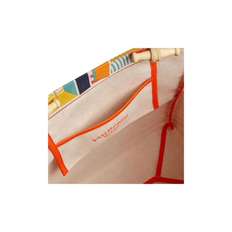 HERMES From My Window Canvas Beach Bag Handbag Women's Orange & Multicolor-3