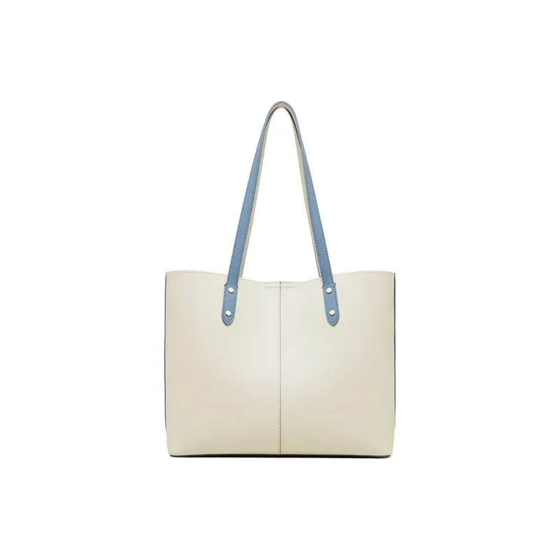 Geshiman Cow Leather Tote Bag Shopping Bag Shoulder Bag Handbag Large Size Women's Ecru/Beige Apricot/Black-3