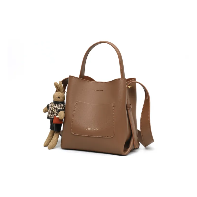 C°BANNER Cow Leather Patchwork Synthetic Leather Bucket Bags Handbags Regular Women's Smoke Gray/Tea Brown-3