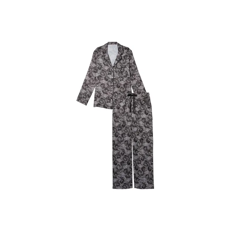 Victoria's Secret Satin Long Pajama Set Pajama Set Women's Black Gray Color Print-0