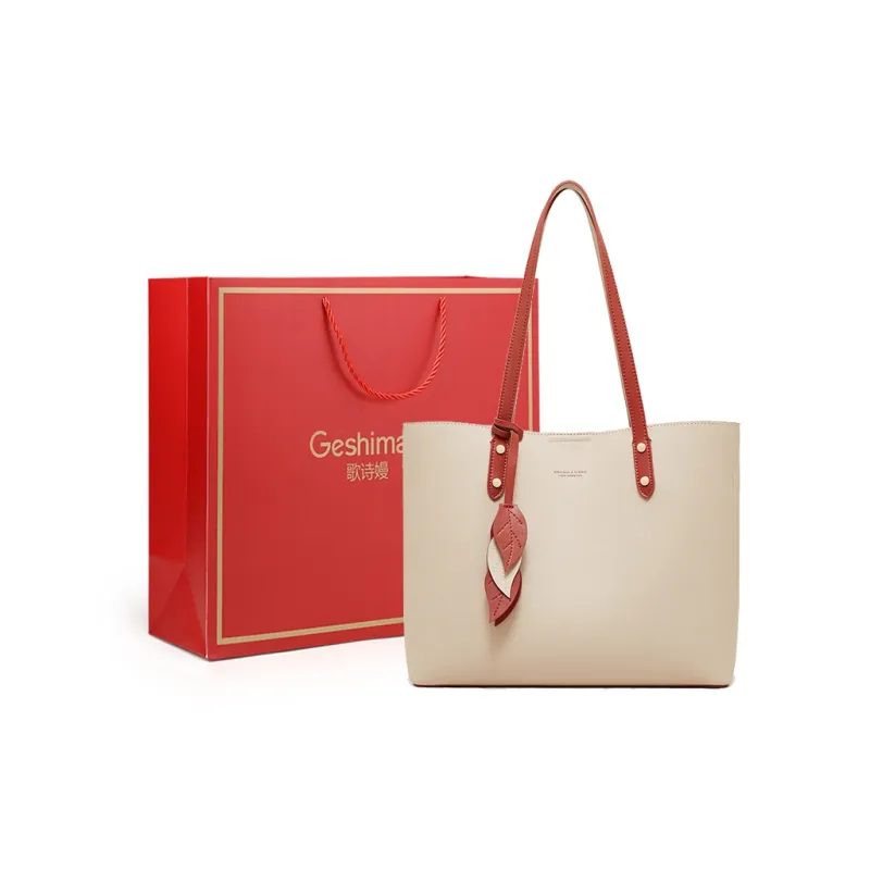 Geshiman Cow Leather Tote Bag Shopping Bag Shoulder Bag Handbag Large Size Women's Ecru/Beige Apricot/Black-5