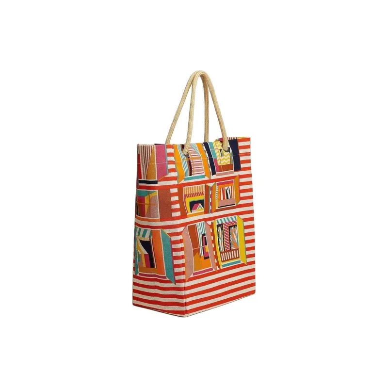 HERMES From My Window Canvas Beach Bag Handbag Women's Orange & Multicolor-1