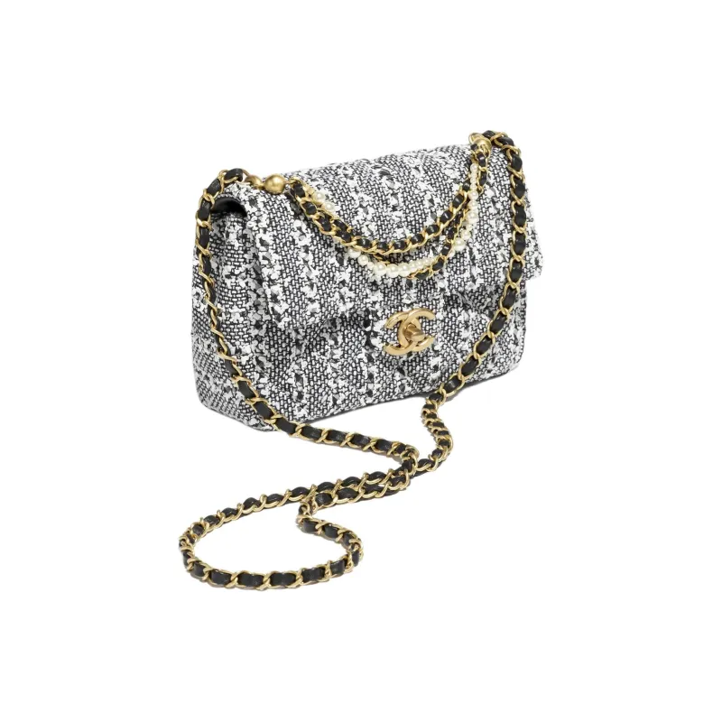 CHANEL Twill Soft Woolen Artificial Pearl Flap Bag, Shoulder Bag, Crossbody Bag Mini Women's White & Black & Silver-1