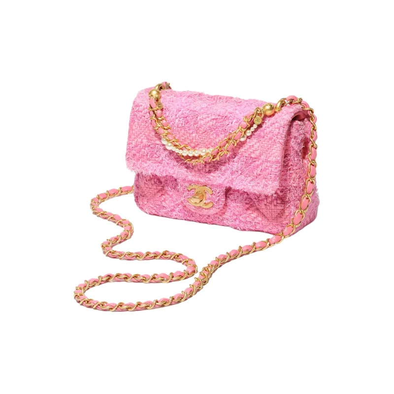 CHANEL Cotton Twill Velvet With Artificial Pearl Mouth Cover Bag Crossbody Bag Mini Women's Pink & Dark Pink-1