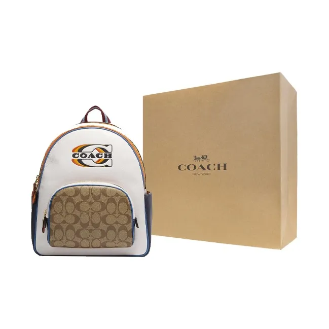 COACH Court Coated Canvas With Pebbled Leather Backpack Large Size Women's Khaki & Chalk White-4