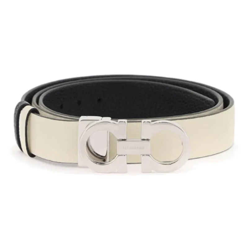 FERRAGAMO Letter Carving Smooth Buckle Leather Belts Women's Beige-0