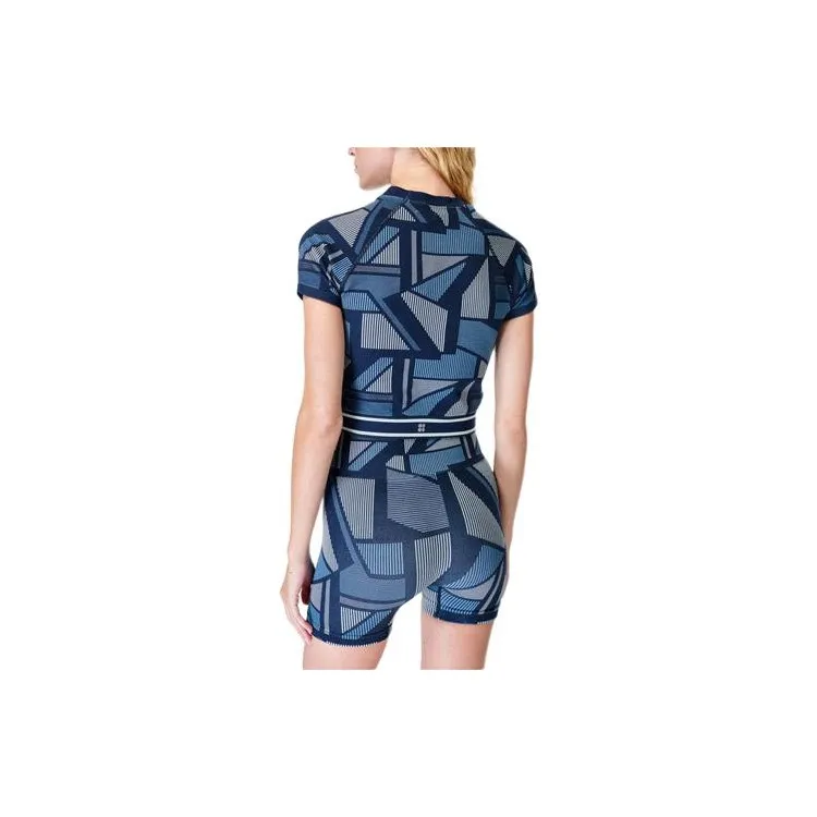 Sweaty Betty Nautical T-Shirt Women's Blue Stripes Plaid Embossed-1