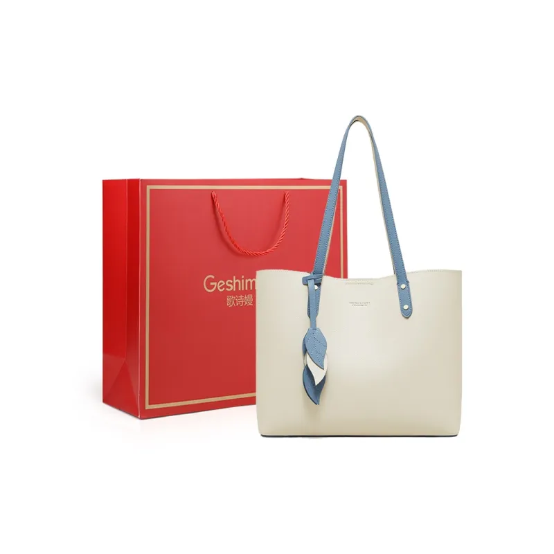 Geshiman Cow Leather Tote Bag Shopping Bag Shoulder Bag Handbag Large Size Women's Ecru/Beige Apricot/Black-0