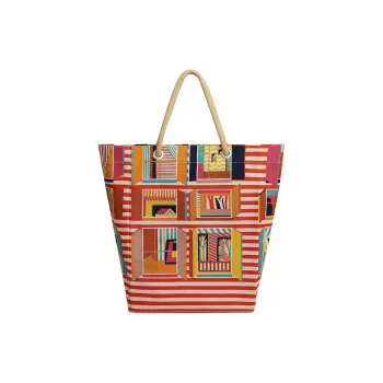 HERMES From My Window Canvas Beach Bag Handbag Women's Orange & Multicolor