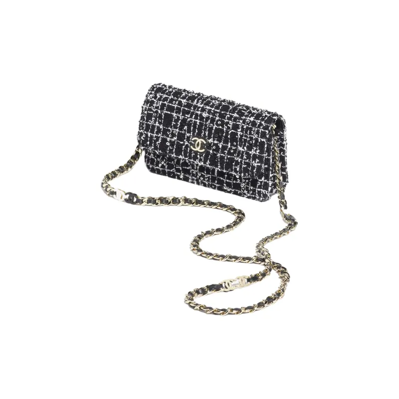 CHANEL Cotton Velvet Sequins Gold Metal Crossbody Bag, Shoulder Bag Women's Black & White-1