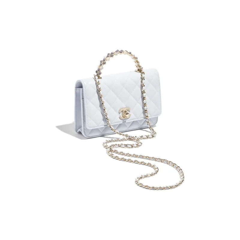 CHANEL Bright Crinkle Lambskin Artificial Pearl Metal Shoulder Bag, Crossbody Bag, Handbag Women's Light Gray-1