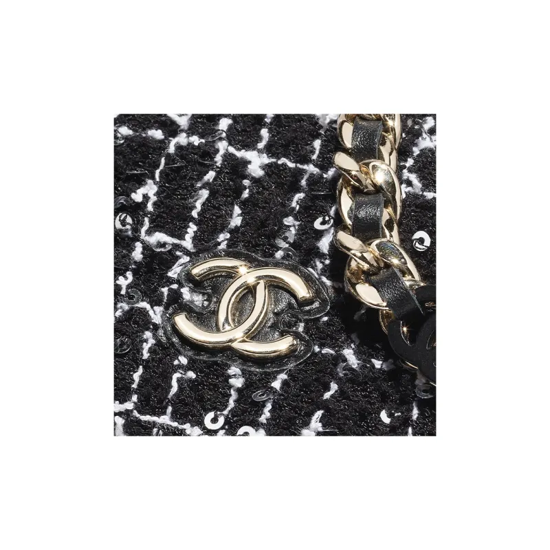 CHANEL Cotton Velvet Sequins Gold Metal Crossbody Bag, Shoulder Bag Women's Black & White-3