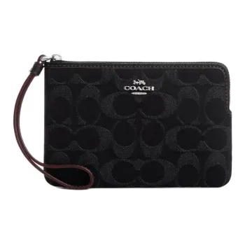 COACH Corner Zip Iconic Denim Smooth Leather Clutch Mini Women's Silver & Black