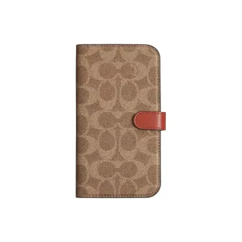 COACH Folio Coated Canvas With Leather IPhone 15 Protective Case And Bag Merchandise Mini Women's Light Umber
