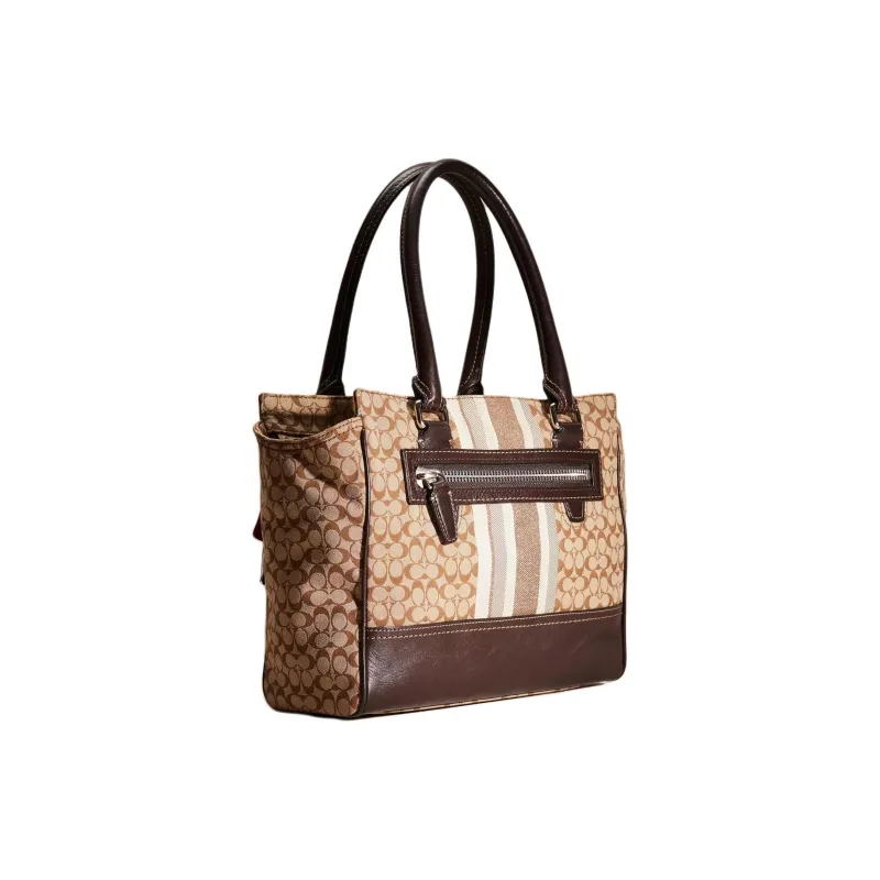COACH Legacy Jacquard Tote Bag, Shopping Bag, Handbag Large Size Women's Silver & Khaki & Mahogany-1