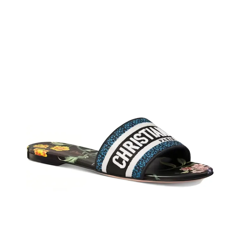 DIOR Dway Slide Black Multicolor Embroidered Cotton Women's-2