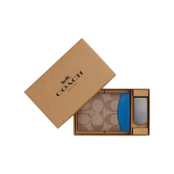 COACH 3 IN 1 Wallet Canvas With Calfskin ID Holder Card Sleeve Card Clip Card Holder Mini Men's Khaki Bright Blue