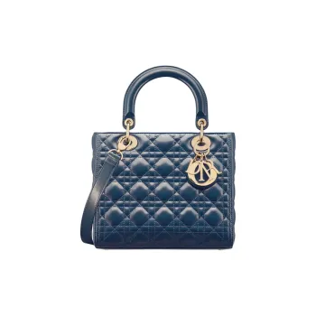 DIOR Lady Dior Cow Leather Shoulder Bag Crossbody Bag Handbag Medium Size Women's Light Midnight Blue
