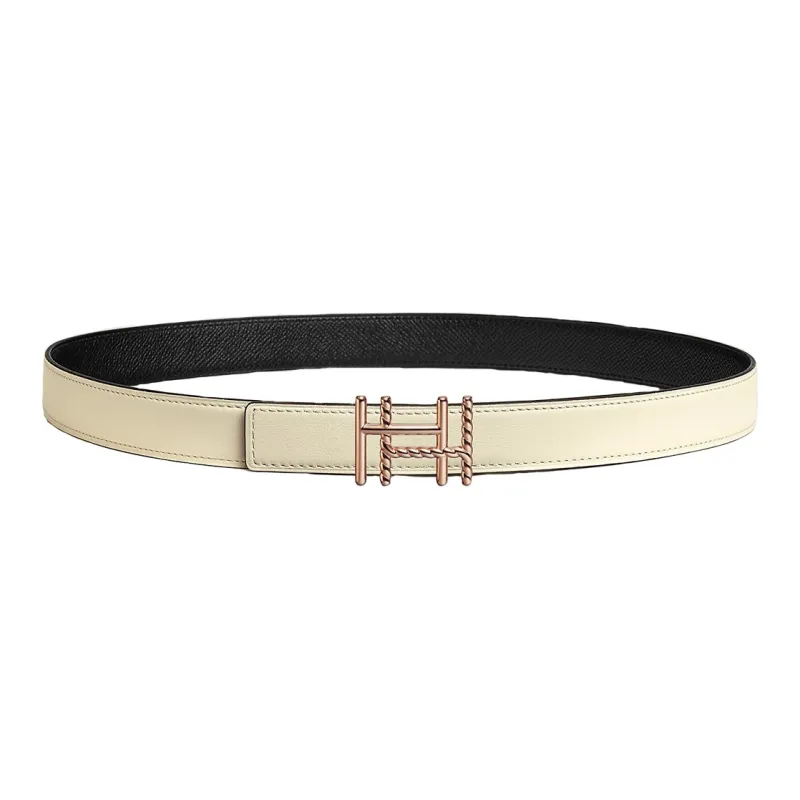 HERMES Double-Sided Design Smooth Buckle Leather Belts Women's Black/White Width 2.4CM-1