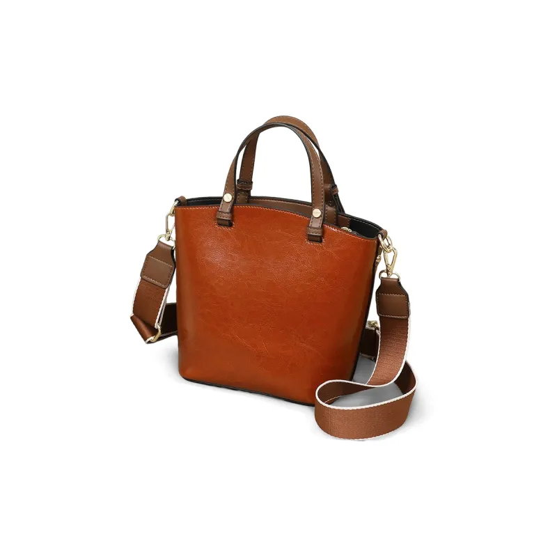 PT'SON Cow Leather Crossbody Tote Bag Bucket Bag Women's Vintage Brown-2