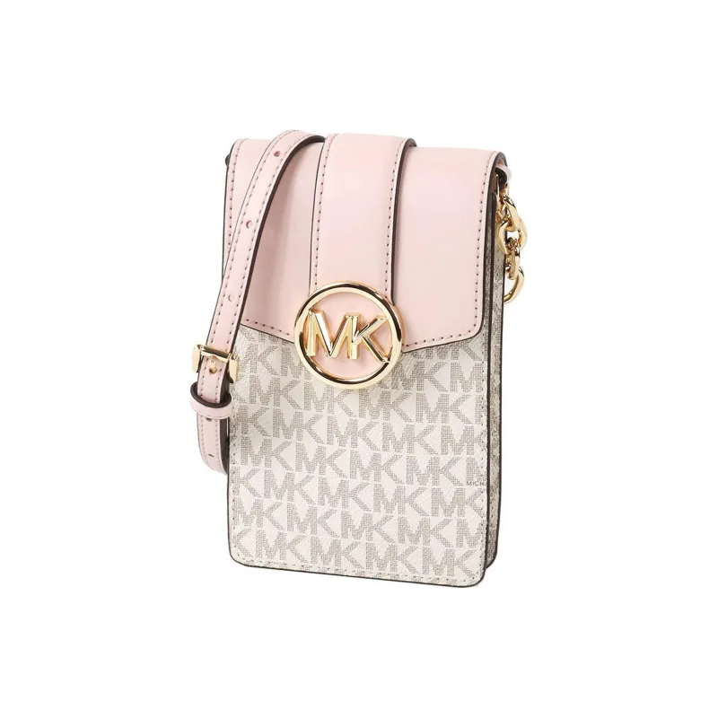 MICHAEL KORS Carmen Leather Card Holder Chain Bag With Cell Phone Pouch Women's Pink Vanilla White Multicolor-2