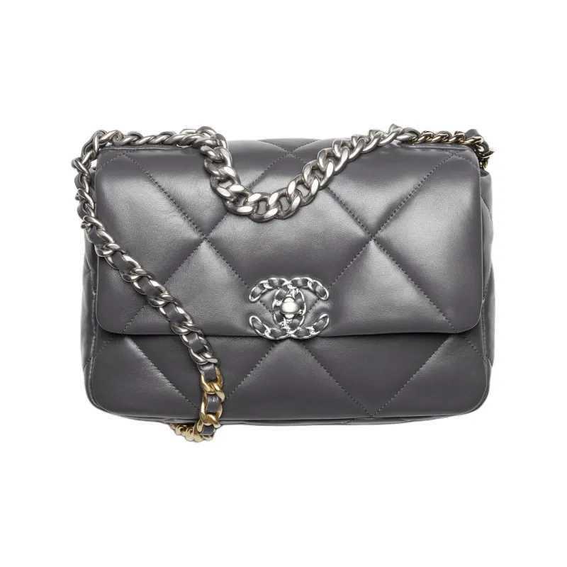 CHANEL 19Bag Shiny Lambskin Flap Bag, Shoulder Bag, Crossbody Bag Women's Dark Gray-0