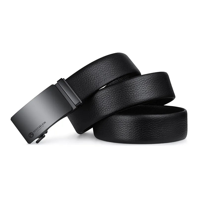 AUGTARLION Business Casual Matte Brand Logo Automatic Buckle Cow Leather Men's Black Gunmetal Width 3.5CM-1