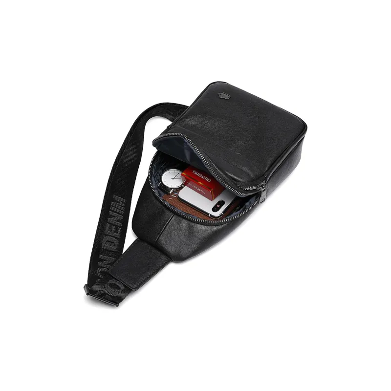 BISON DENIM Cow Leather Sling Bag, Shoulder Bag, Crossbody Bag Regular Men's Black-5