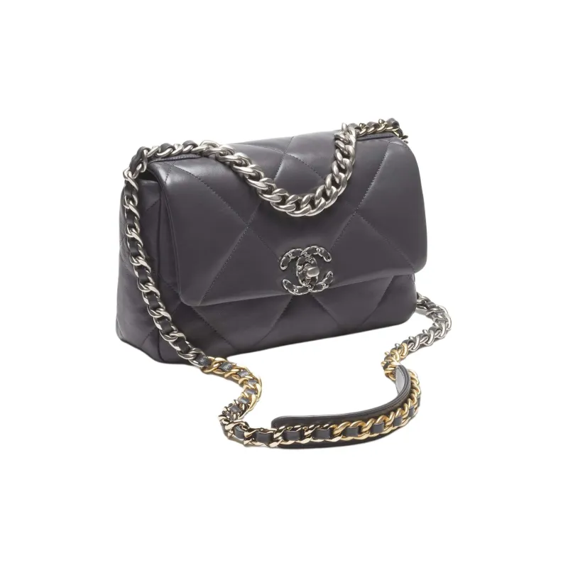 CHANEL 19Bag Shiny Lambskin Flap Bag, Shoulder Bag, Crossbody Bag Women's Dark Gray-1