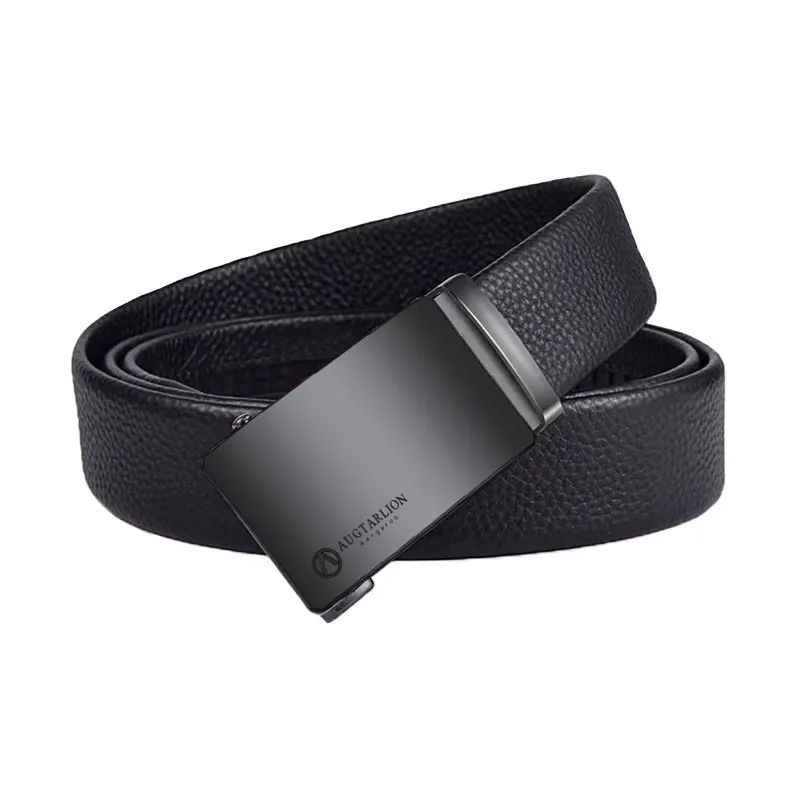 AUGTARLION Business Casual Matte Brand Logo Automatic Buckle Cow Leather Men's Black Gunmetal Width 3.5CM-2
