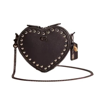 COACH Heart Glove Tanned Leather Heart Shaped Bag, Shoulder Bag, Crossbody Bag Mini Women's Tin & Black