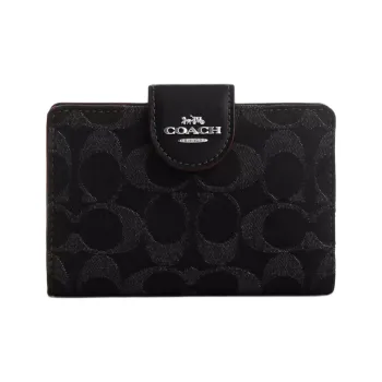 COACH Corner Zip Iconic Denim Smooth Leather Wallet Medium Size Women's Black