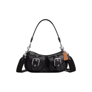 COACH Ashton Iconic Denim Smooth Leather Portable Crossbody Bag Shoulder Bag Medium Size Women's Black