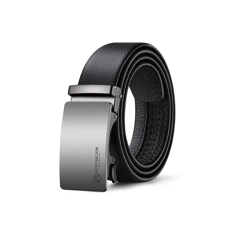 AUGTARLION Business Casual Matte Brand Logo Automatic Buckle Cow Leather Men's Black Gunmetal Width 3.5CM-3