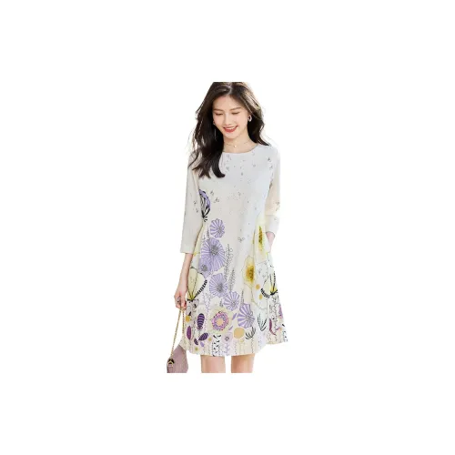 Like the age of water Long-Sleeved Dresses Women's Beige Base With Floral Pattern