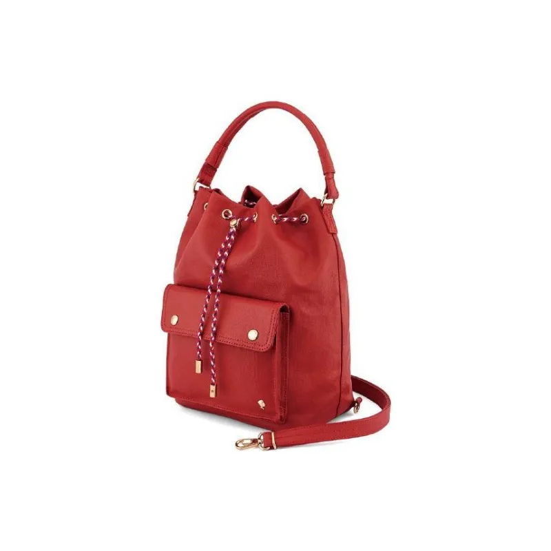PORTER Linen With PU And Leather Patchwork Bucket Bags Shoulder Bag Crossbody Bag Handbag Unisex Red-1
