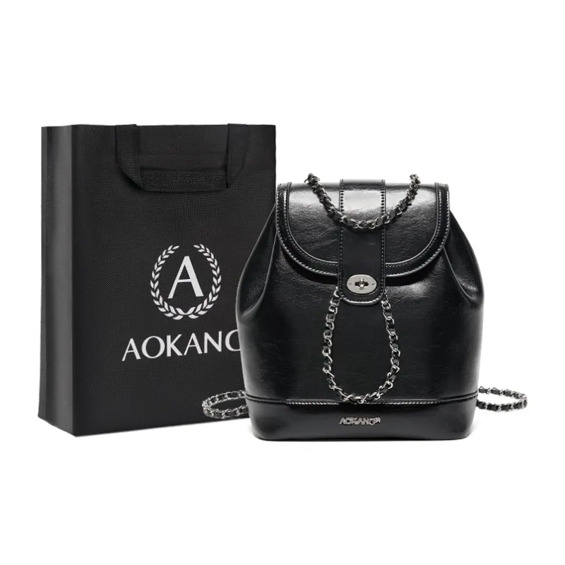 AOKANG Cow Leather With Synthetic Leather Backpack Travel Bag Small Size Women's Silver/Classic Black-5